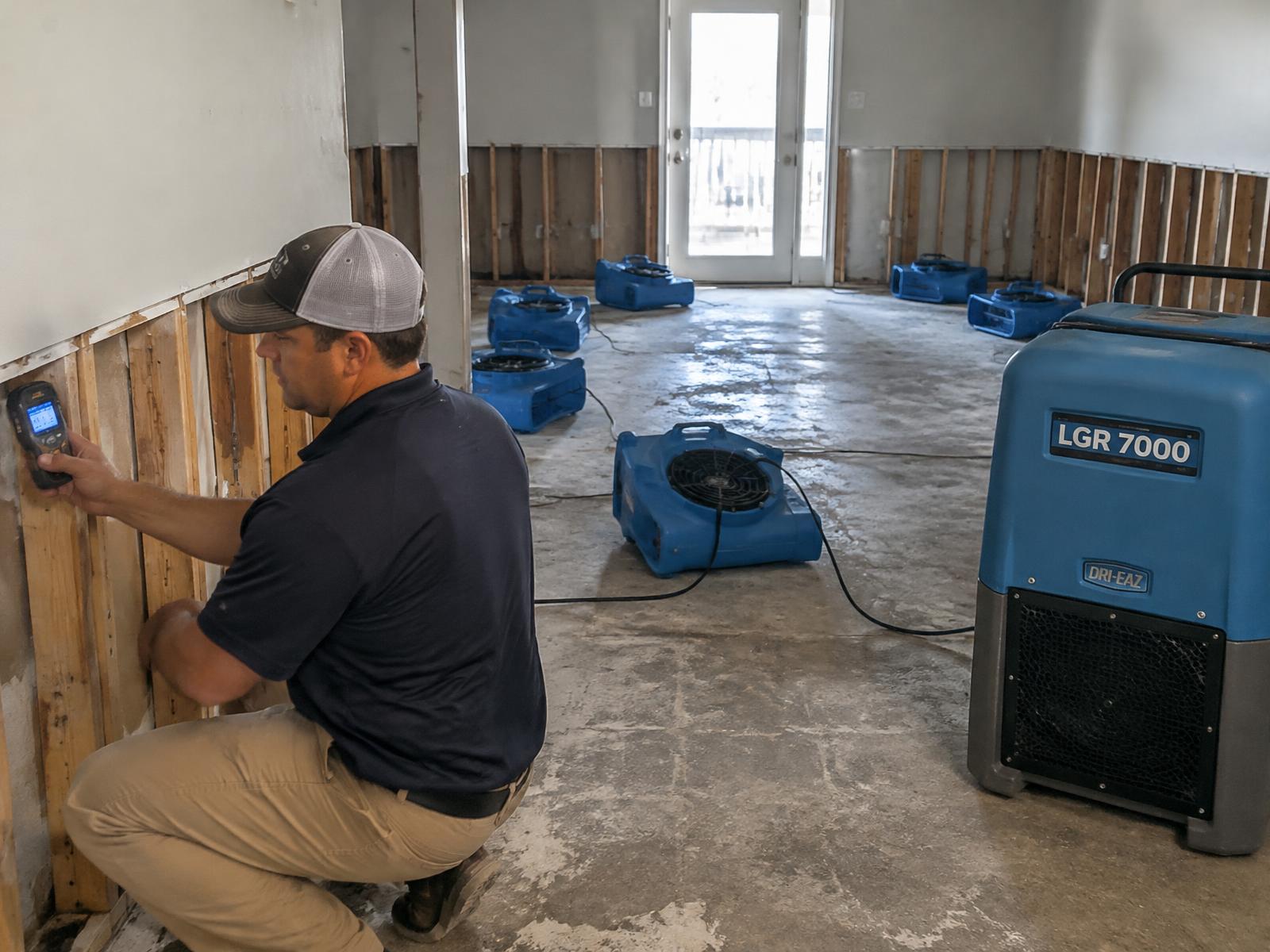 Technician measuring moisture with air movers and a dehumidifier drying the room